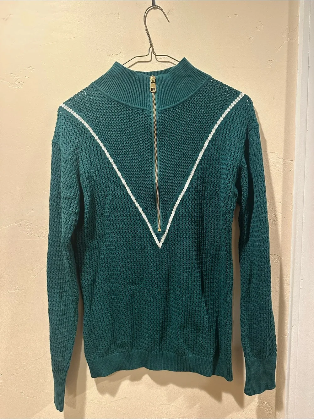 Varley Emerald Green Half-Zip Textured Knit Sweater with White V-Detail - Picture 2 of 3